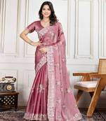 Rani-Pink Thread And Sequins Embroidered Soft Crunchy Silk Saree
