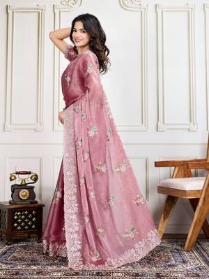 Rani-Pink Thread And Sequins Embroidered Soft Crunchy Silk Saree 2