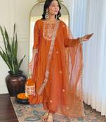 Embroidered Vichitra Silk Fabric Straight Kurta, Pant and Dupatta Set