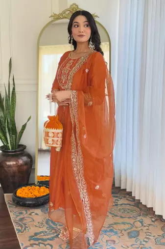 Embroidered Vichitra Silk Straight Kurta Pant and Dupatta Set