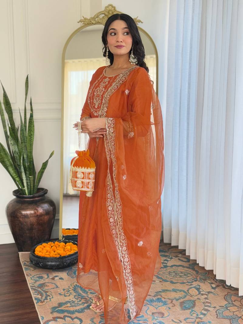 Embroidered Vichitra Silk Fabric Straight Kurta, Pant and Dupatta Set