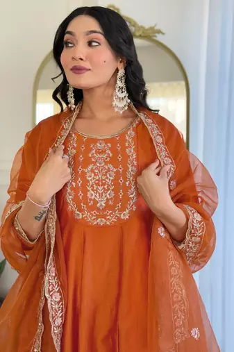 Embroidered Vichitra Silk Straight Kurta Pant and Dupatta Set