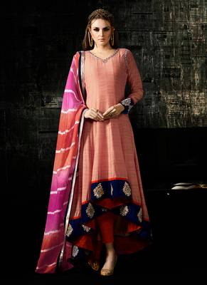 Peach raw silk semi stitched party gown anarkali 3