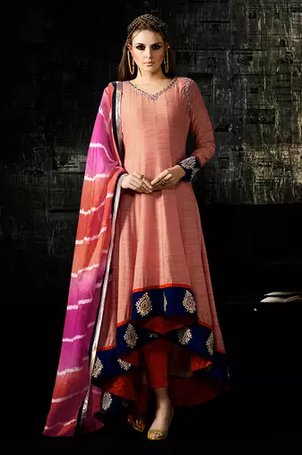 Peach raw silk semi stitched party gown anarkali