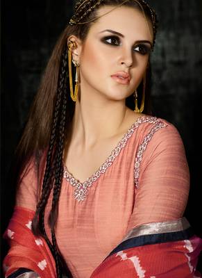 Peach raw silk semi stitched party gown anarkali 4