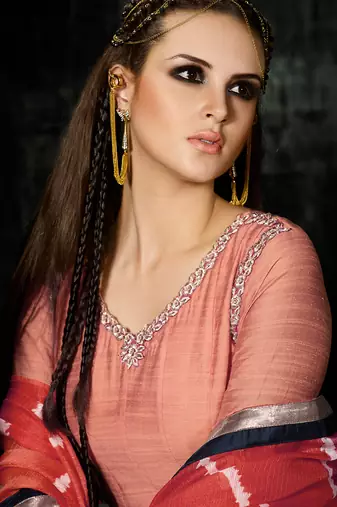 Peach raw silk semi stitched party gown anarkali