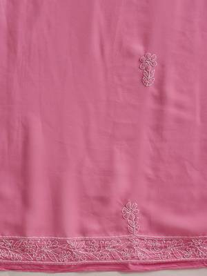 Hand embroidered dark pink georgette lucknowi chikankari saree with blouse 6