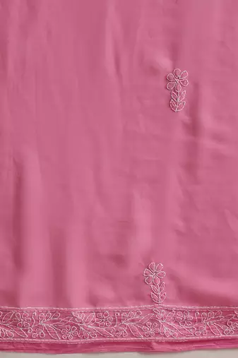 Hand embroidered dark pink georgette lucknowi chikankari saree with blouse