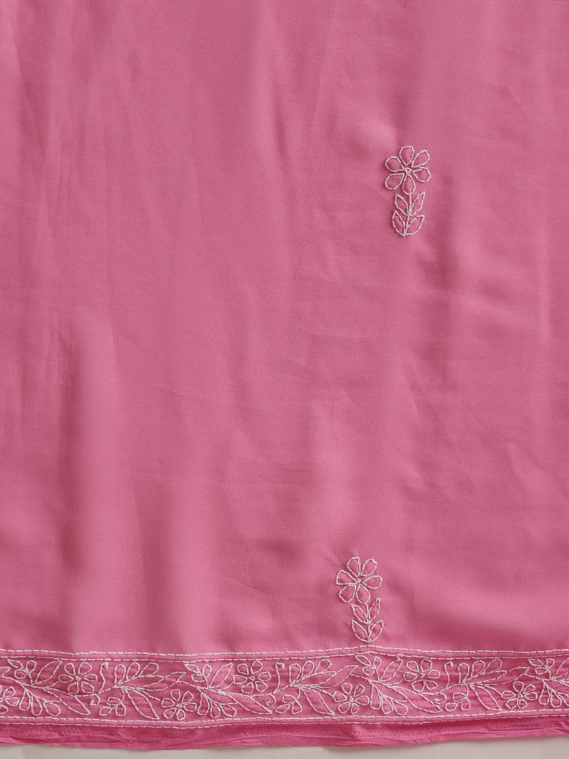 Hand embroidered dark pink georgette lucknowi chikankari saree with blouse