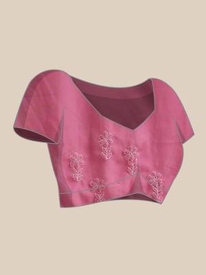 Hand embroidered dark pink georgette lucknowi chikankari saree with blouse 7