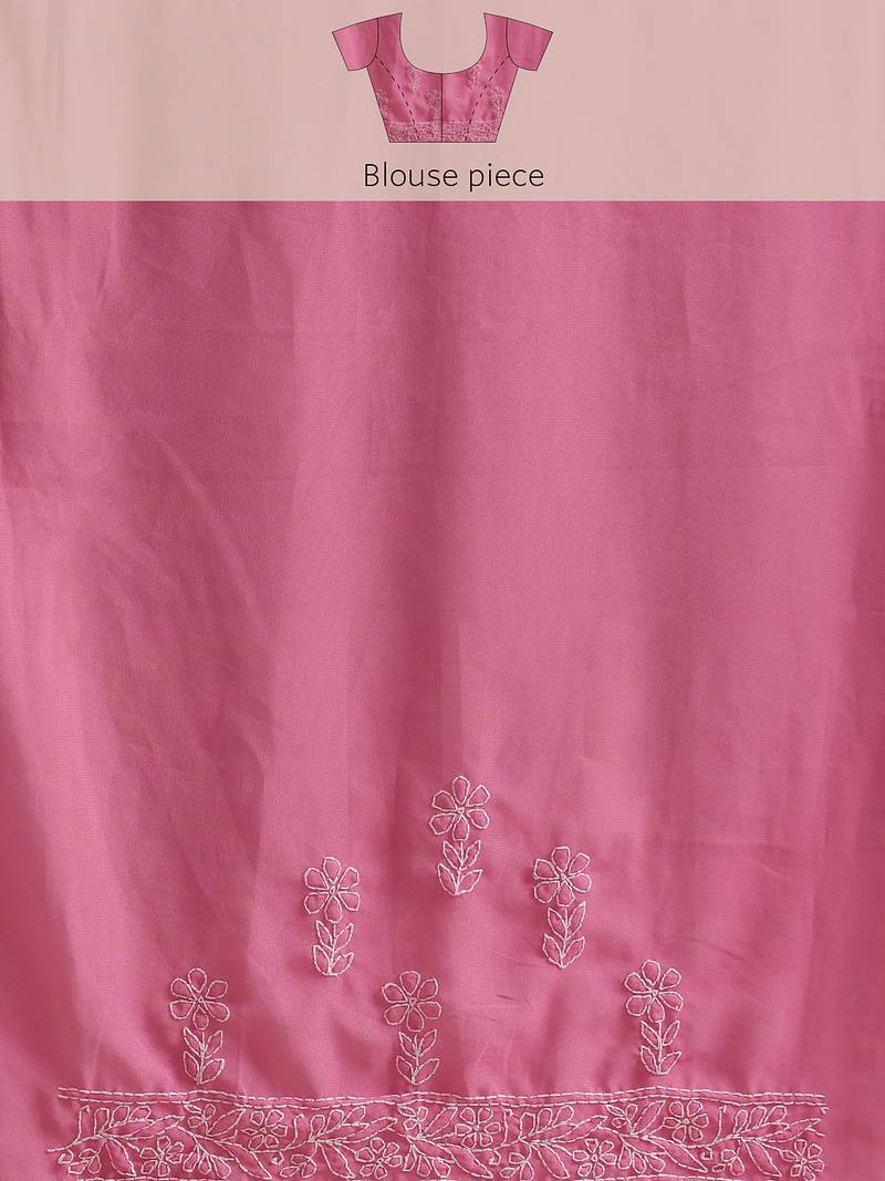 Hand embroidered dark pink georgette lucknowi chikankari saree with blouse