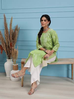 Hand Embroidered Green Cotton Lucknowi Chikan Women Kurta 6