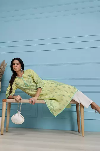 Handmade Lemon Cotton Lucknowi Chikankari Indian Women Kurta