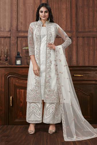 Off white embroidered designer jacket style pants suit