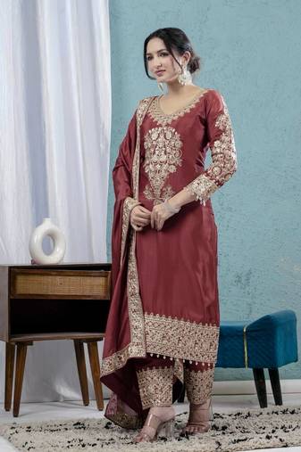 Dusty rose chinon sakwar kameez with dupatta