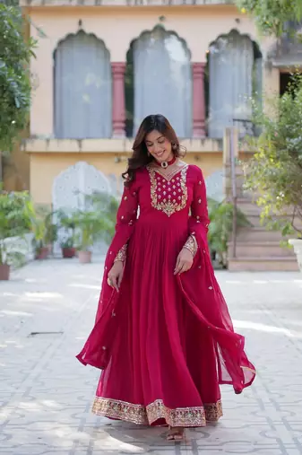 Pink georgette anarkali with  dupatta