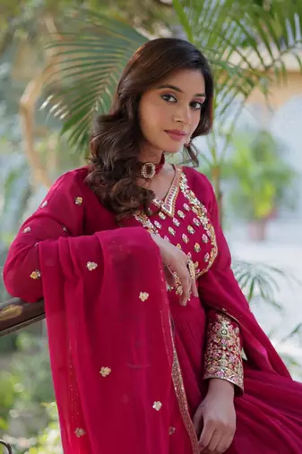 Pink georgette anarkali with  dupatta