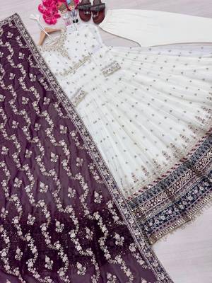 White georgette anarkali with  bottom & dupatta 3