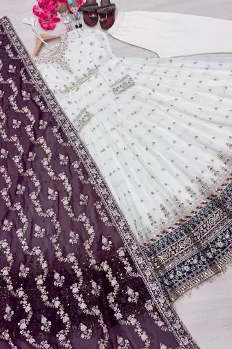White georgette anarkali with  bottom & dupatta