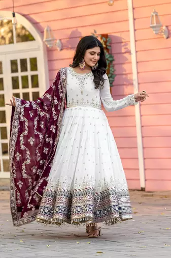 White georgette anarkali with  bottom & dupatta