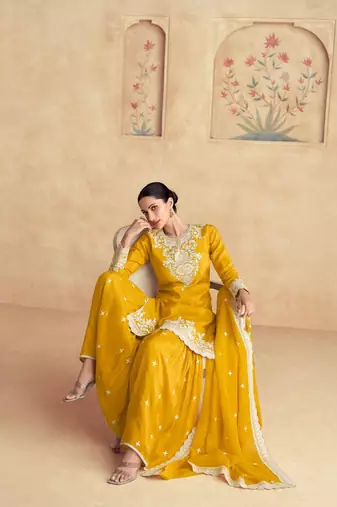 Yellow chinon sakwar kameez with dupatta