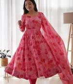 Pink georgette anarkali with  dupatta