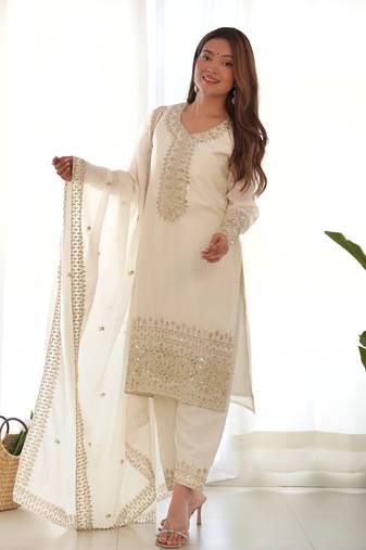 Luxury Pure Chinon Silk Straight Fit Kurta Set with Dupatta & Trousers