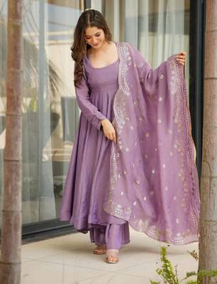 Lavender art silk anarkali with  bottom & dupatta 1