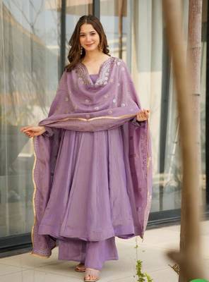 Lavender art silk anarkali with  bottom & dupatta 4