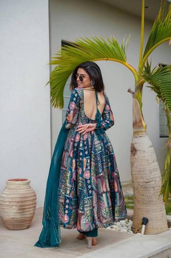 Blue chinon anarkali with  bottom & dupatta
