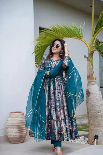 Blue chinon anarkali with  bottom & dupatta