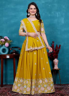 Yellow Sequins Embroidered Star Georgette Indian Wedding Lehenga Dress For Bride 1