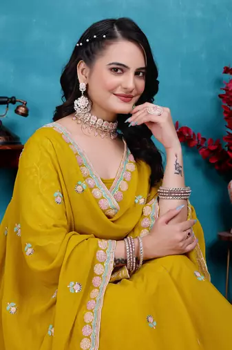 Yellow Sequins Embroidered Star Georgette Indian Wedding Lehenga Dress For Bride