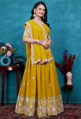 Yellow Sequins Embroidered Star Georgette Indian Wedding Lehenga Dress For Bride 3