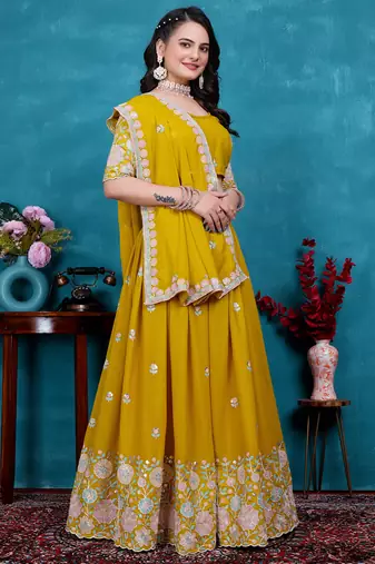 Yellow Sequins Embroidered Star Georgette Indian Wedding Lehenga Dress For Bride