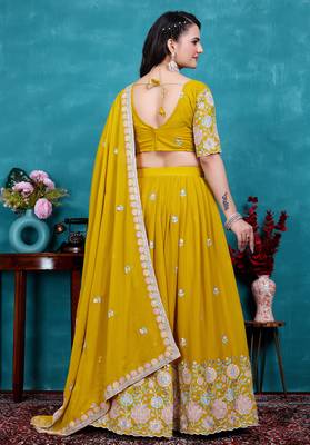 Yellow Sequins Embroidered Star Georgette Indian Wedding Lehenga Dress For Bride 4