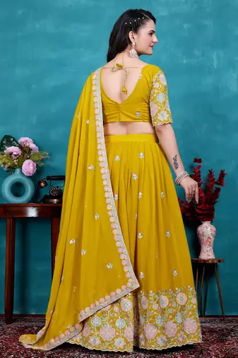 Yellow Sequins Embroidered Star Georgette Indian Wedding Lehenga Dress For Bride