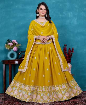 Yellow Sequins Embroidered Star Georgette Indian Wedding Lehenga Dress For Bride 5