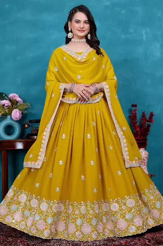 Yellow Sequins Embroidered Star Georgette Indian Wedding Lehenga Dress For Bride