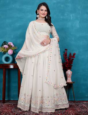 White Sequins Embroidered Star Georgette Lehenga Dress Design Latest 1