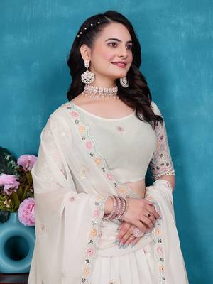 White Sequins Embroidered Star Georgette Lehenga Dress Design Latest 2