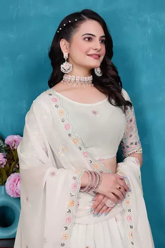 White Sequins Embroidered Star Georgette Lehenga Dress Design Latest