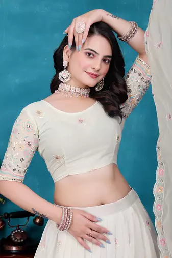 White Sequins Embroidered Star Georgette Lehenga Dress Design Latest