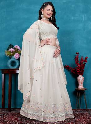 White Sequins Embroidered Star Georgette Lehenga Dress Design Latest 4