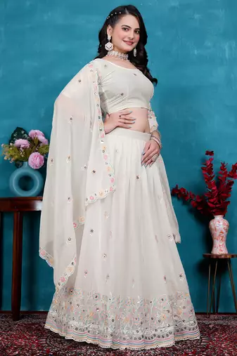 White Sequins Embroidered Star Georgette Lehenga Dress Design Latest