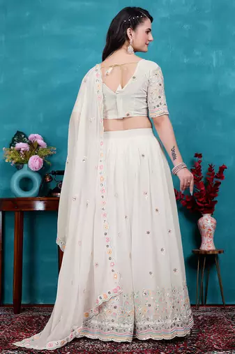 White Sequins Embroidered Star Georgette Lehenga Dress Design Latest