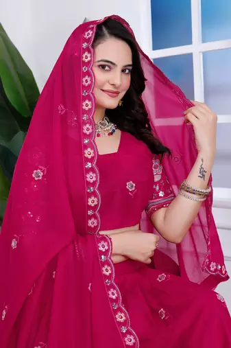Rani-Pink Sequins Embroidered Star Georgette Lehenga Dress