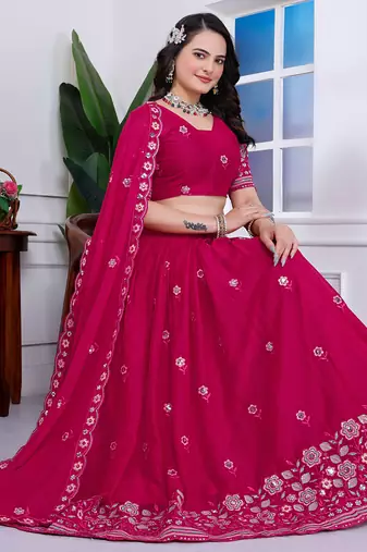 Rani-Pink Sequins Embroidered Star Georgette Lehenga Dress