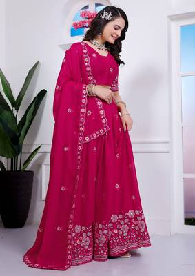 Rani-Pink Sequins Embroidered Star Georgette Lehenga Dress 5