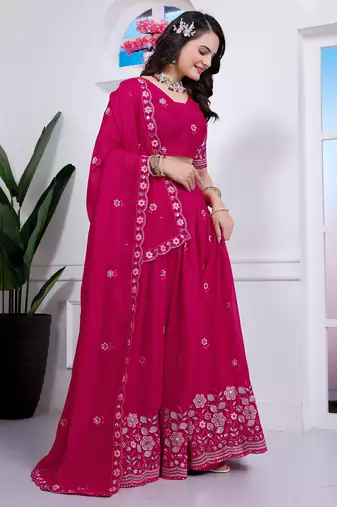 Rani-Pink Sequins Embroidered Star Georgette Lehenga Dress